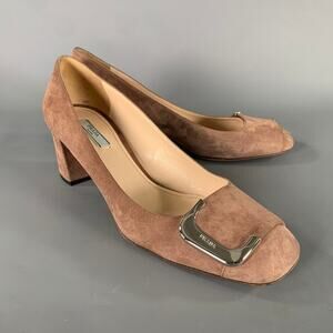 PRADA Size 8.5 Khaki Silver buckle Suede Pumps